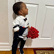 Mohammed Abubakar joined the competition — help win amazing prizes! toddler, child, boy, indoor, door, flowers, bouquet, red_roses, formal_clothing, bow_tie, jacket, pants, sneakers, wooden_floor, carpet, standing, profile_view, smiling, cute, person