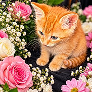 Rouquin participe au concours pour gagner de l'argent avec cette photo : cat, kitten, orange_cat, tabby, animal, pet, flowers, roses, daisies, bouquet, pink_flowers, floral, garden, indoor, sitting, looking_down, fur, whiskers, portrait, colorful