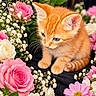 animal, bouquet, cat, colorful, daisies, floral, flowers, fur, garden, indoor, kitten, looking_down, orange_cat, pet, pink_flowers, portrait, roses, sitting, tabby, whiskers