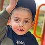 Tyago a rejoint le concours — aidez-le/la à gagner de superbes lots ! child, boy, hat, cap, smile, face, eyes, hand, hoodie, clothing, outdoor, playground, blurred_background, portrait, young, casual, green, orange, expression, person