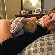 Pumpkin joined the competition — help win amazing prizes! animal, bedroom, blanket, cat, child, comfort, furniture, girl, home, indoor, mirror, photograph, pillow, portrait, relaxation, resting, sleeping_cat, smiling, soft, warm