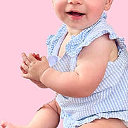 Sloane joined the competition — help win amazing prizes! baby, child, blue_eyes, clapping_hands, cute, smiling, sitting, pastel_background, striped_clothing, infant, cheeks, bare_feet, happy, portrait, young_child, skin, person, cute_outfit, closeup, playful