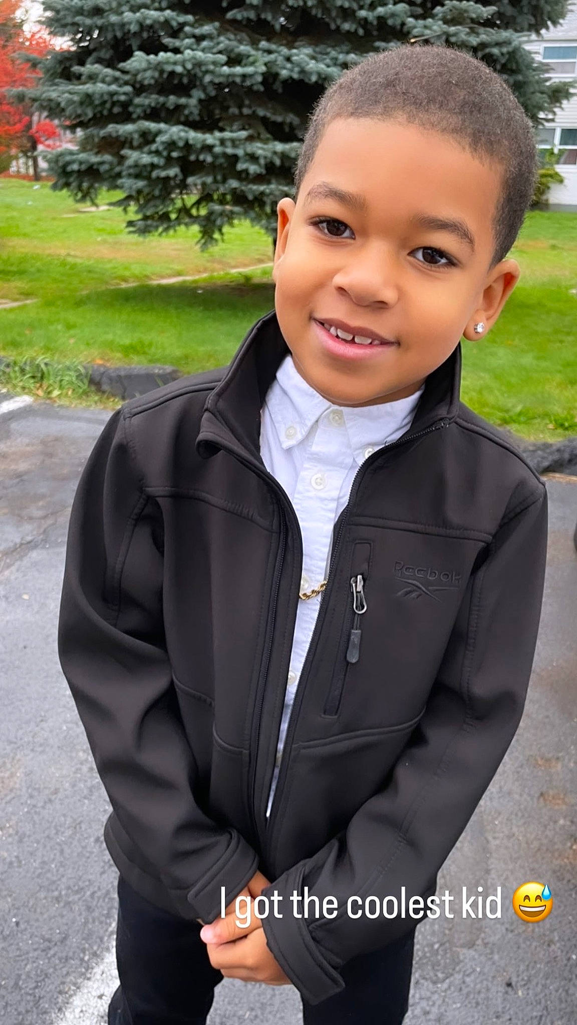 Jayceon joined the competition — help win amazing prizes! caesar_cut, child, cool, electric_blue, eyebrow, face, facial_expression, fashion, forehead, formal_wear, grass, hairstyle, happy, head, joy, leather_jacket, neck, outerwear, person, plant