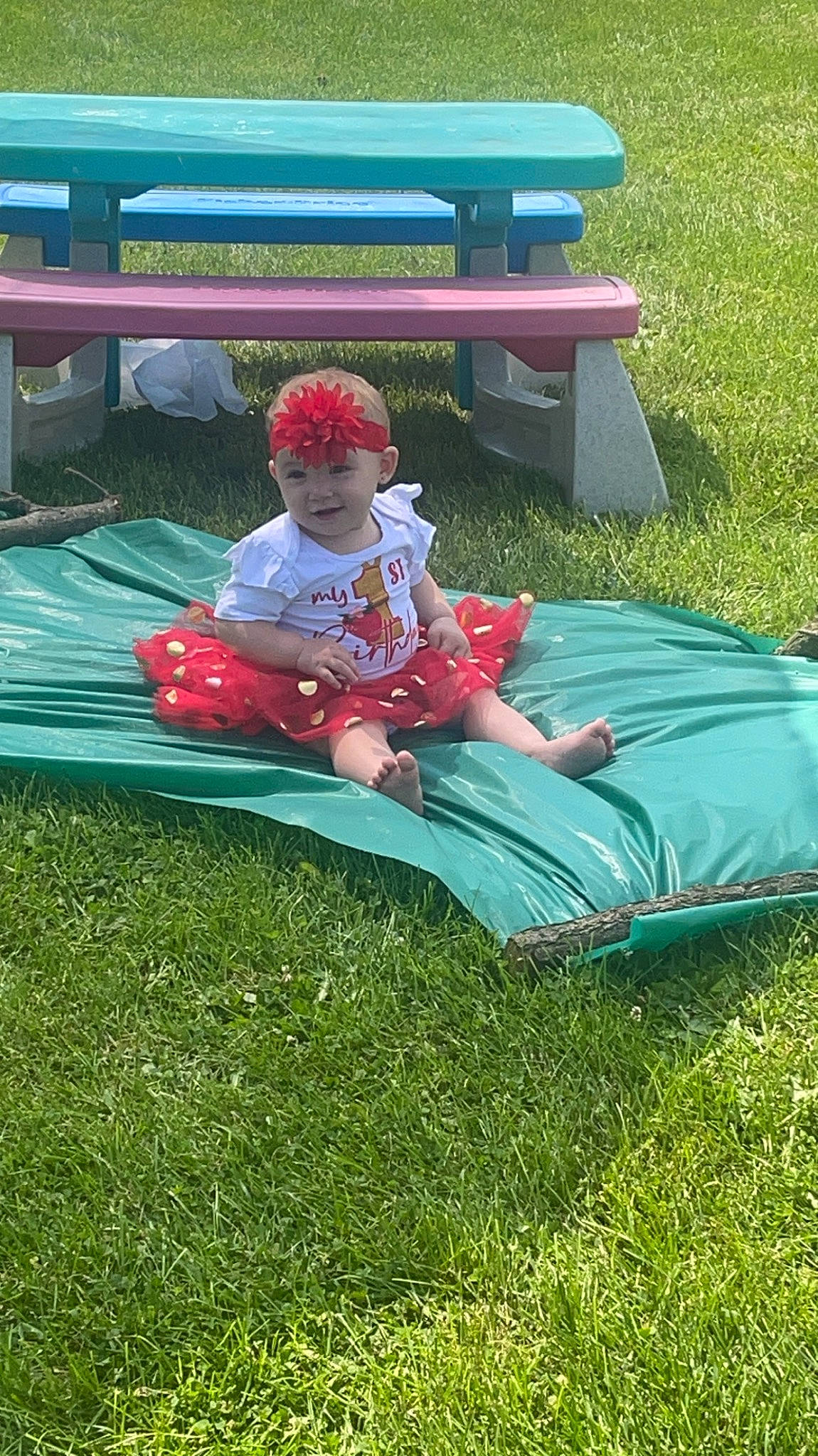 Azayla joined the competition — help win amazing prizes! baby, baby_toddler_clothing, bench, child, comfort, fun, games, garden, grass, hat, headwear, lap, leisure, magenta, outdoor_furniture, people_in_nature, person, play, recreation, sitting