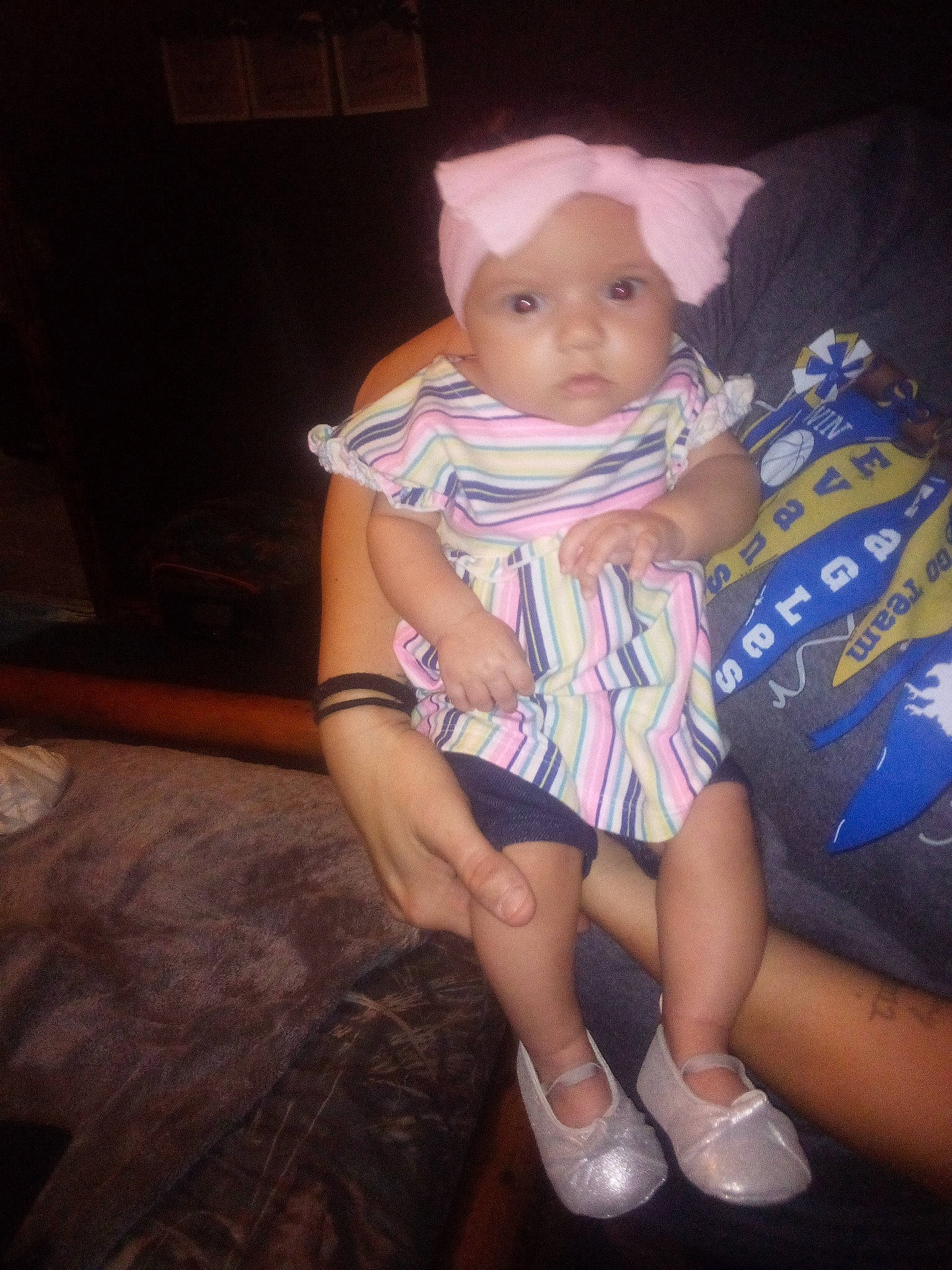 Sadie Mae is registered to the contest to win money with this photo: baby, baby_toddler_clothing, child, day_dress, event, flash_photography, fun, headwear, human_leg, knee, leg, magenta, pattern, person, pink, purple, sandal, sitting, skin, sock