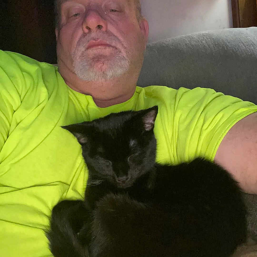 Knothead is registered to the contest to win money with this photo: adult, animal, cat, clothing, couch, cushion, face, furniture, head, homedecor, kitten, male, man, person, pet, photography, portrait, selfie, sleeping, t_shirt