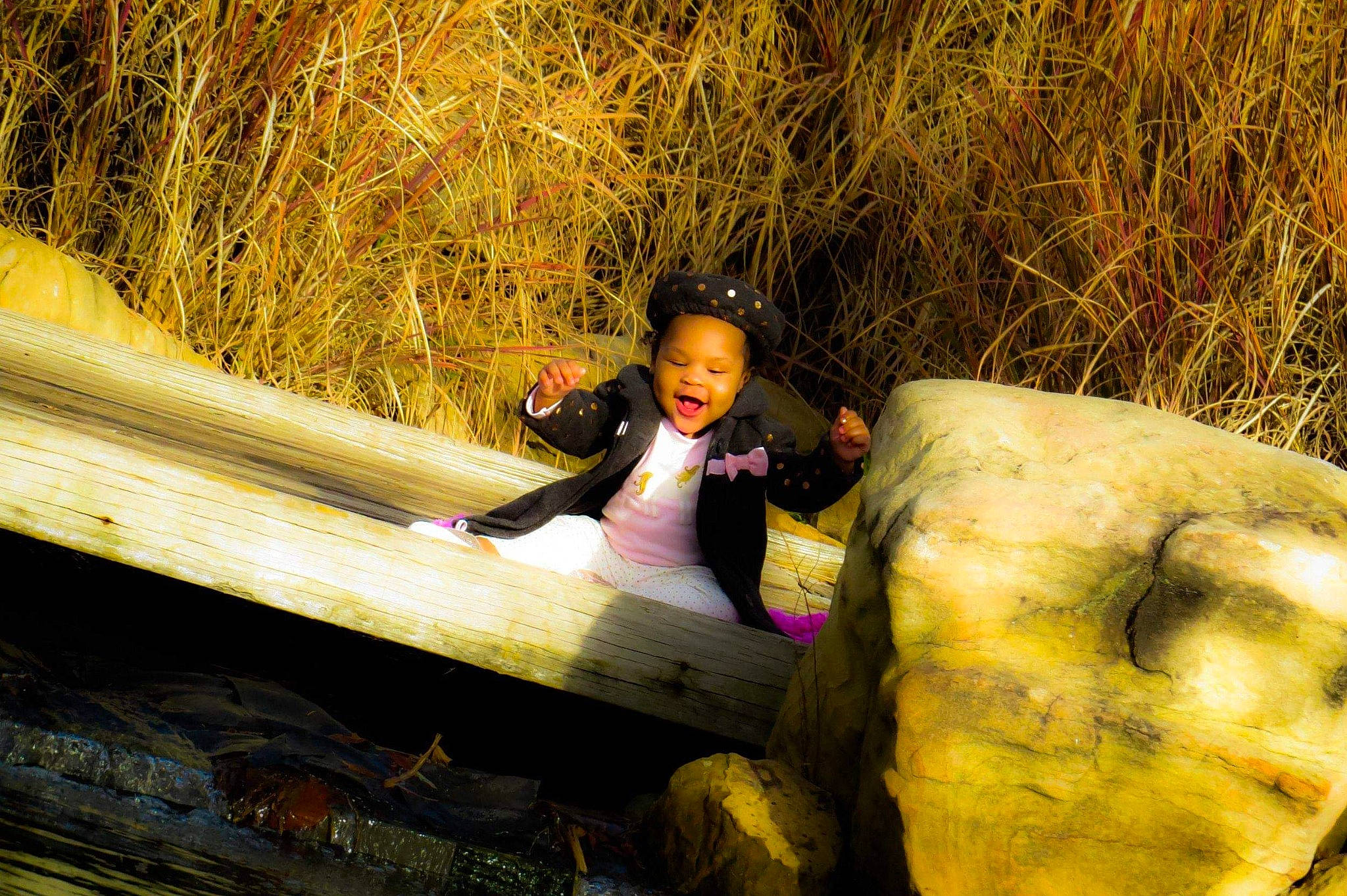 Ivy is registered to the contest to win money with this photo: autumn, beauty, branch, child, forest, grass, happy, leisure, people_in_nature, person, photography, plant, reflection, sitting, smile, sunlight, tree, trunk, wood, yellow