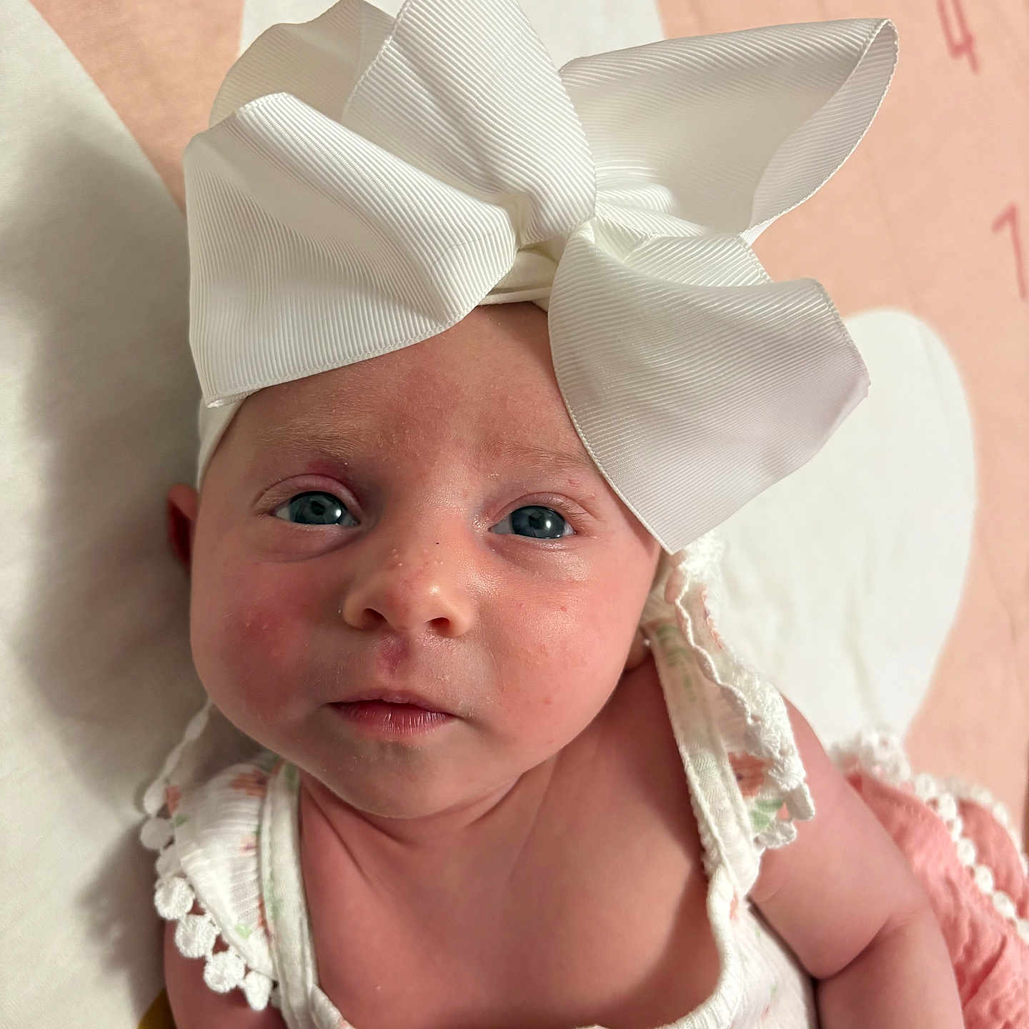 Asher is registered to the contest to win money with this photo: baby, infant, bow, headwear, clothing, pink, white, face, portrait, closeup, skin, cute, child, newborn, person, soft, lying, background, fabric, sleepwear