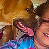 affection, animal, canine, car_interior, casual_clothing, close_up, companion, dog, friendship, fun, happy, human, leash, person, pet, portrait, seat, smiling, tie_dye_shirt, tongue_out