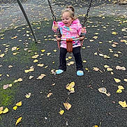 Bonnie is registered to the contest to win money with this photo: child, girl, swing, playground, autumn, leaves, jacket, black_pants, blue_shoes, outdoor, happy, fun, play, slide, chain, park, daytime, person, smile, activity