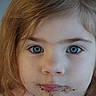 child, face, blue_eyes, light_brown_hair, messy, chocolate, close_up, portrait, expressionless, young_child, skin, eyebrows, lips, clothing, hoodie, indoor, person, cute, messy_face, food_stains