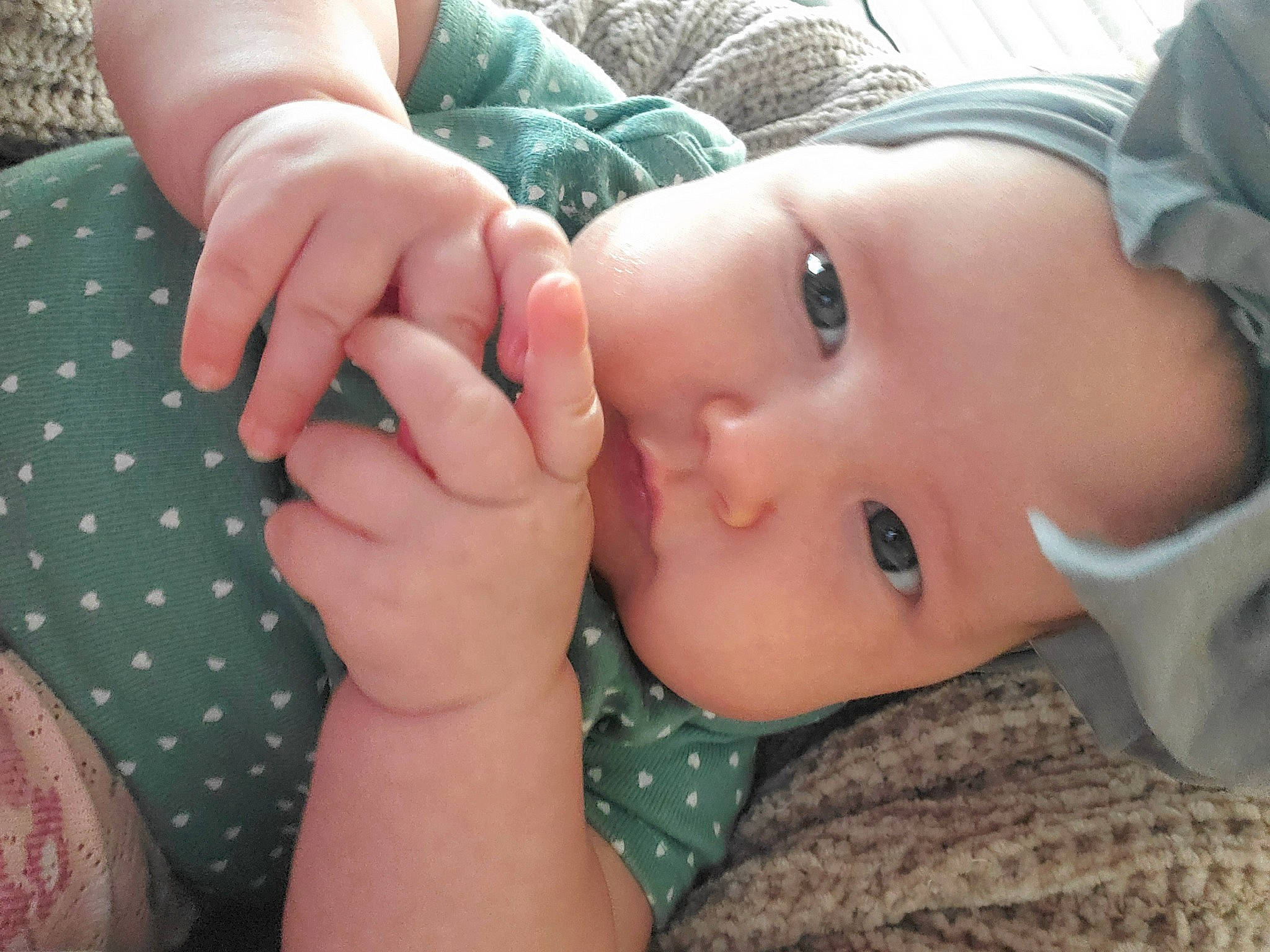 Rowan is registered to the contest to win money with this photo: arm, baby, baby_toddler_clothing, cheek, eyelash, finger, gesture, hand, happy, human_body, lip, mouth, nail, neck, nose, people_in_nature, person, plant, skin, thumb