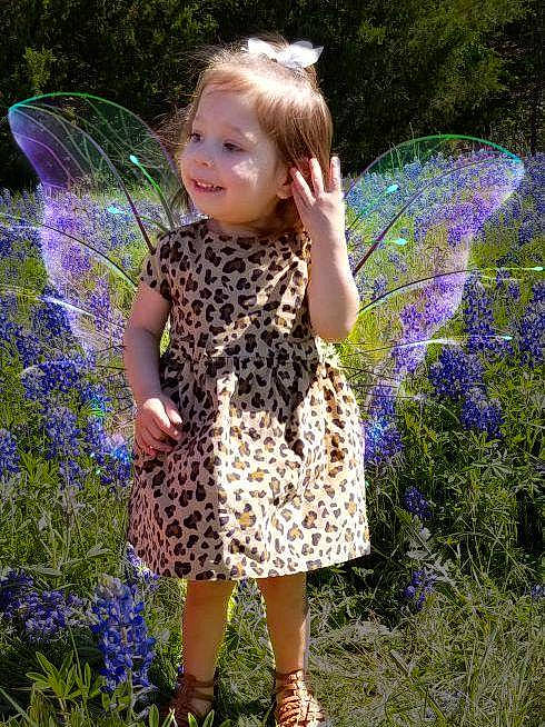 Haylie is registered to the contest to win money with this photo: bluebonnet, child, child_model, dress, fawn, fictional_character, flower, grass, joy, lavender, lupin, pattern, person, plant, purple, spring, violet, violet_family, wildflower