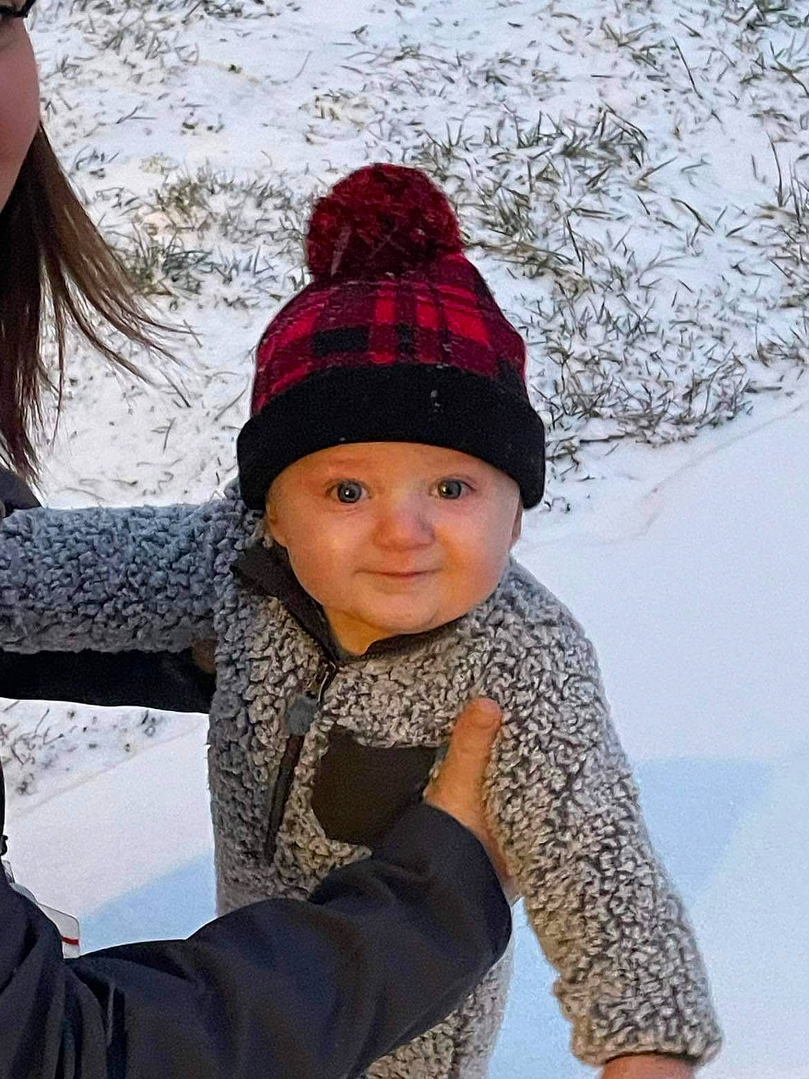 Asher joined the competition — help win amazing prizes! cap, cheek, freezing, fun, happy, headgear, headwear, knit_cap, organ, outerwear, pattern, person, sleeve, smile, snow, street_fashion, textile, toddler, tree, winter