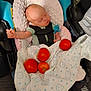 baby, newborn, car_seat, blanket, tomato, sleeping, pacifier, infant, child, fabric, pattern, seat_belt, indoor, cute, resting, soft, toddler, safety_harness, food, fruit