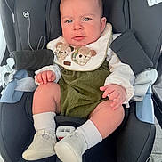 Maximo is registered to the contest to win money with this photo: baby, infant, car_seat, child, footwear, bib, white_shoes, green_outfit, socks, face, hands, sitting, safety_harness, indoors, cute, expression, young_child, clothing, person, portrait