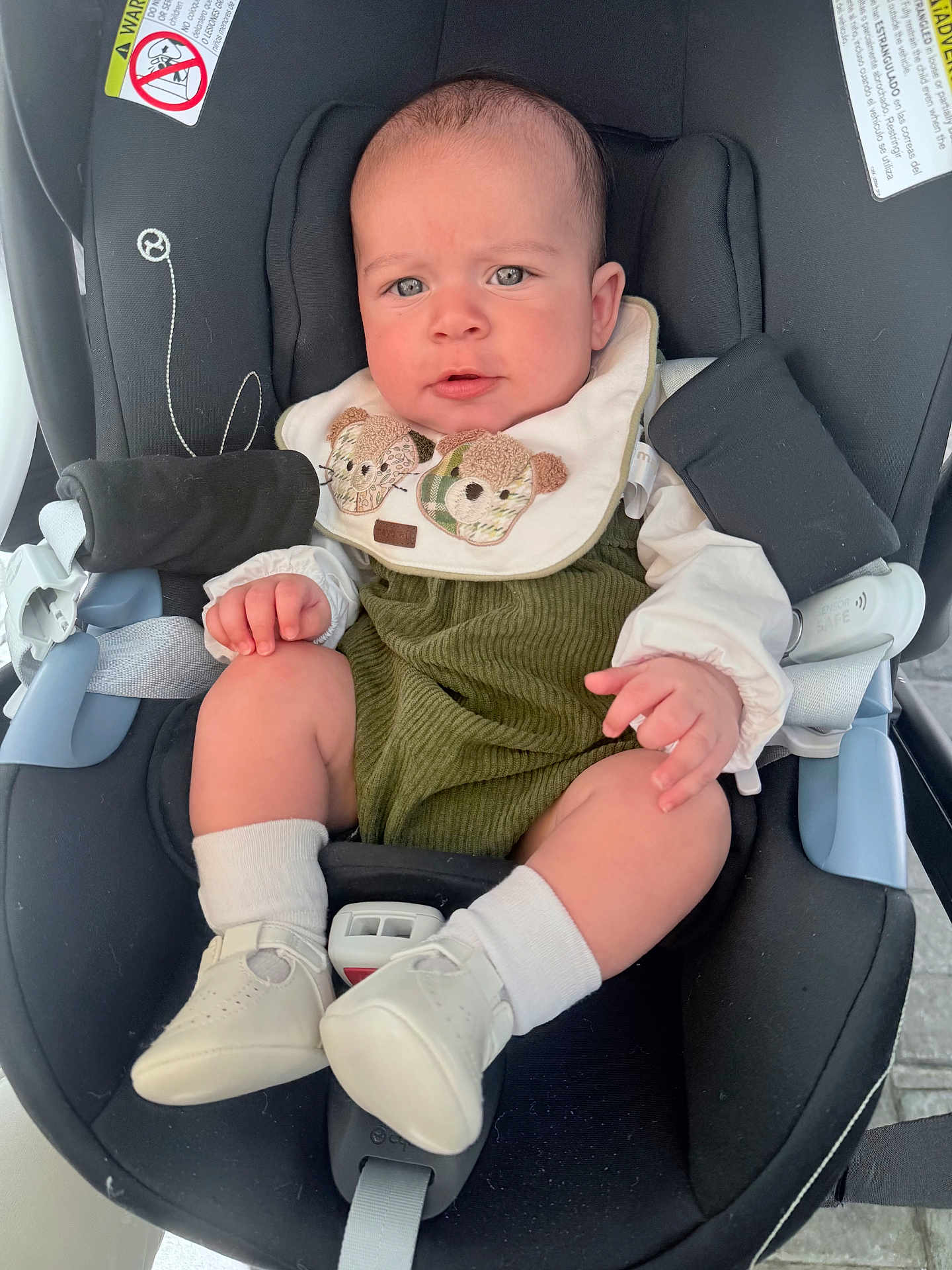 Maximo is registered to the contest to win money with this photo: baby, infant, car_seat, child, footwear, bib, white_shoes, green_outfit, socks, face, hands, sitting, safety_harness, indoors, cute, expression, young_child, clothing, person, portrait