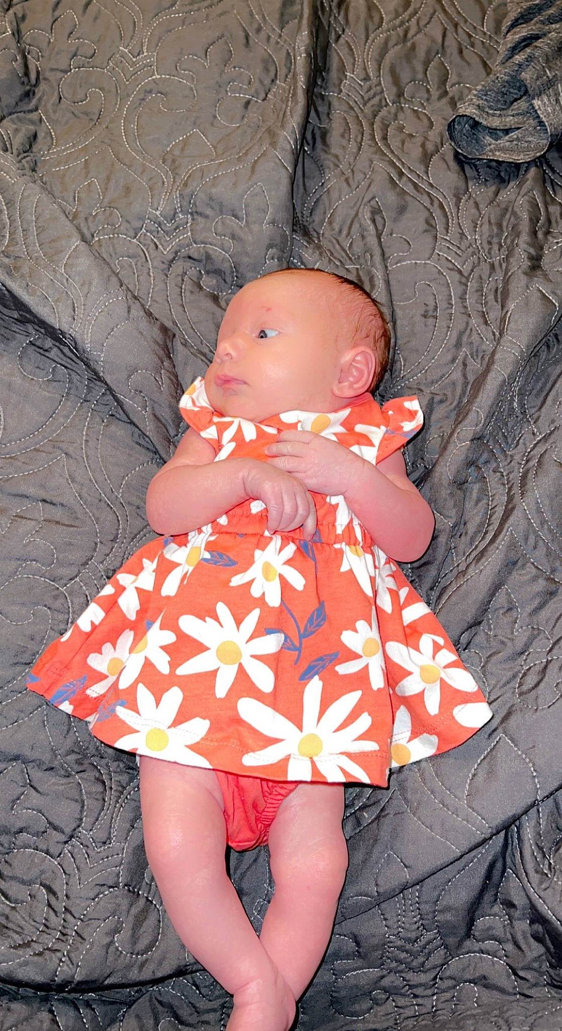 Bryleigh joined the competition — help win amazing prizes! baby, baby_products, baby_toddler_clothing, carmine, day_dress, doll, dress, head, human_leg, one_piece_garment, orange, pattern, peach, person, pink, sitting, sleeve, stuffed_toy, textile, thigh