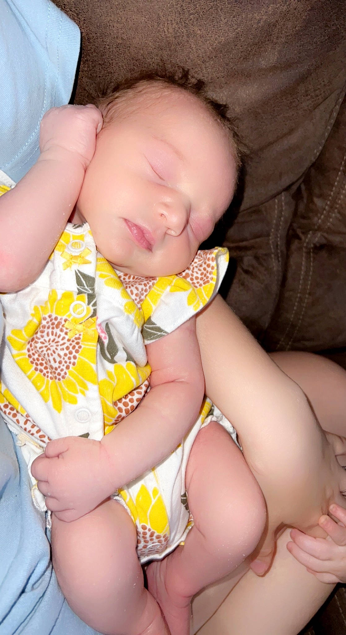Bryleigh joined the competition — help win amazing prizes! baby, baby_sleeping, baby_toddler_clothing, cheek, child, comfort, facial_expression, finger, happy, human_body, human_leg, lap, leg, mouth, nail, pattern, person, skin, thigh, thumb
