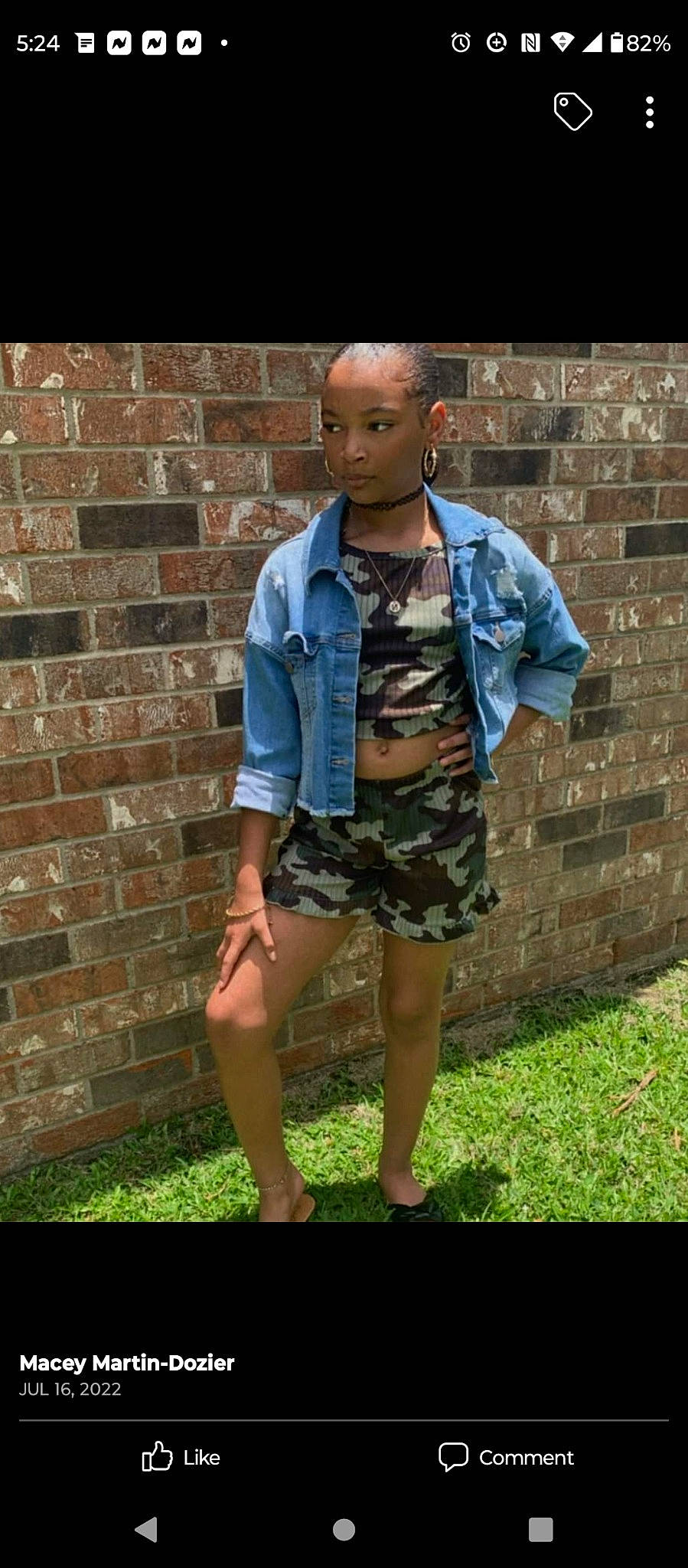 Nayomi joined the competition — help win amazing prizes! brick, brickwork, denim, electric_blue, eyewear, fashion_design, fun, grass, hair, human_leg, jewellery, knee, lawn, military_uniform, pattern, person, sleeve, t_shirt, textile, thigh