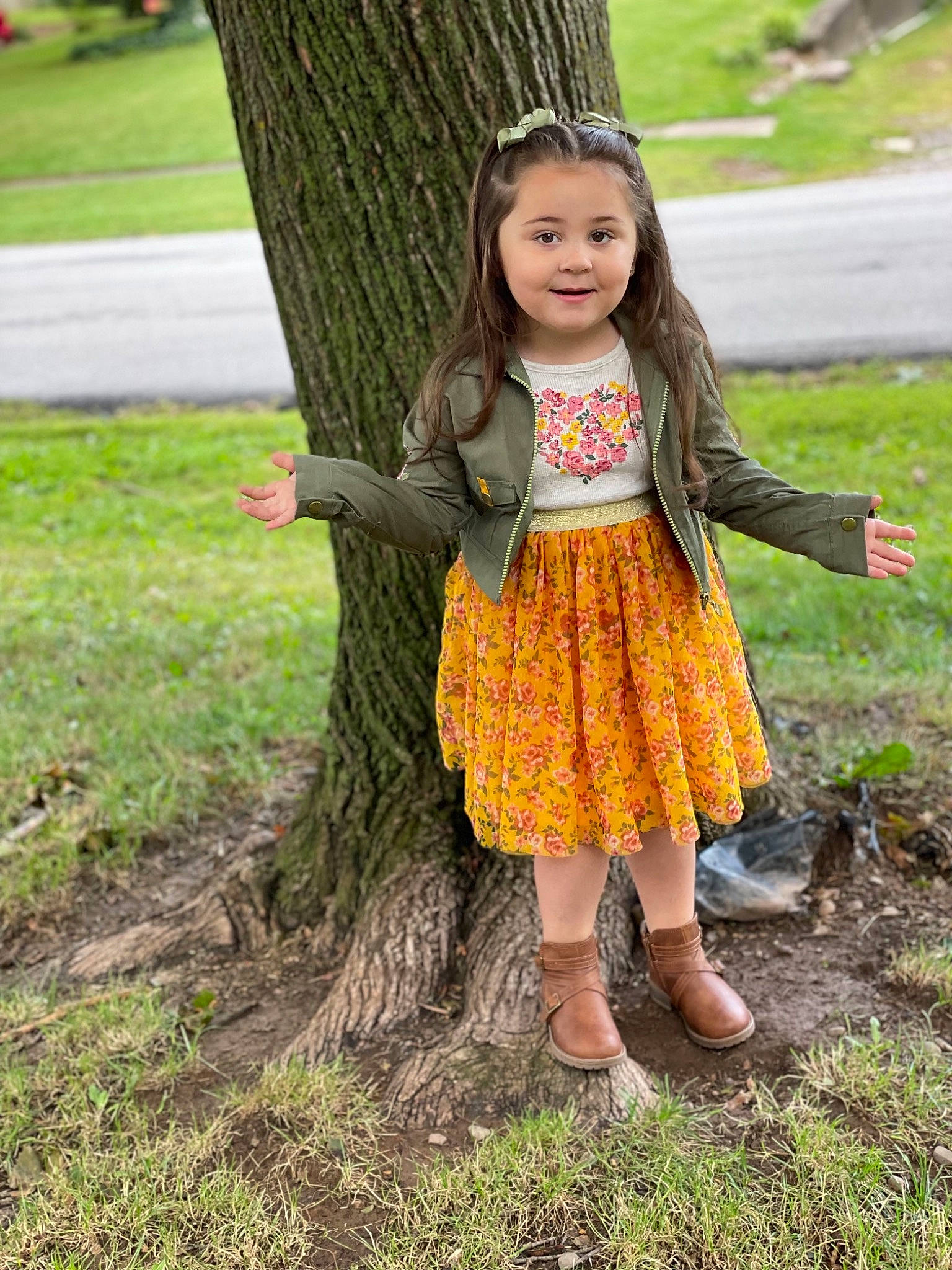 Gianna joined the competition — help win amazing prizes! botany, child, fawn, fun, grass, grass_family, green, hairstyle, happy, joy, leaf, leg, long_hair, people_in_nature, person, plant, shoe, street_fashion, tree, trunk