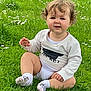toddler, child, grass, outdoor, greenery, flower, white_shirt, socks, curly_hair, cute, baby, nature, sitting, smile, person, daylight, lawn, young_child, casual_clothing, playful