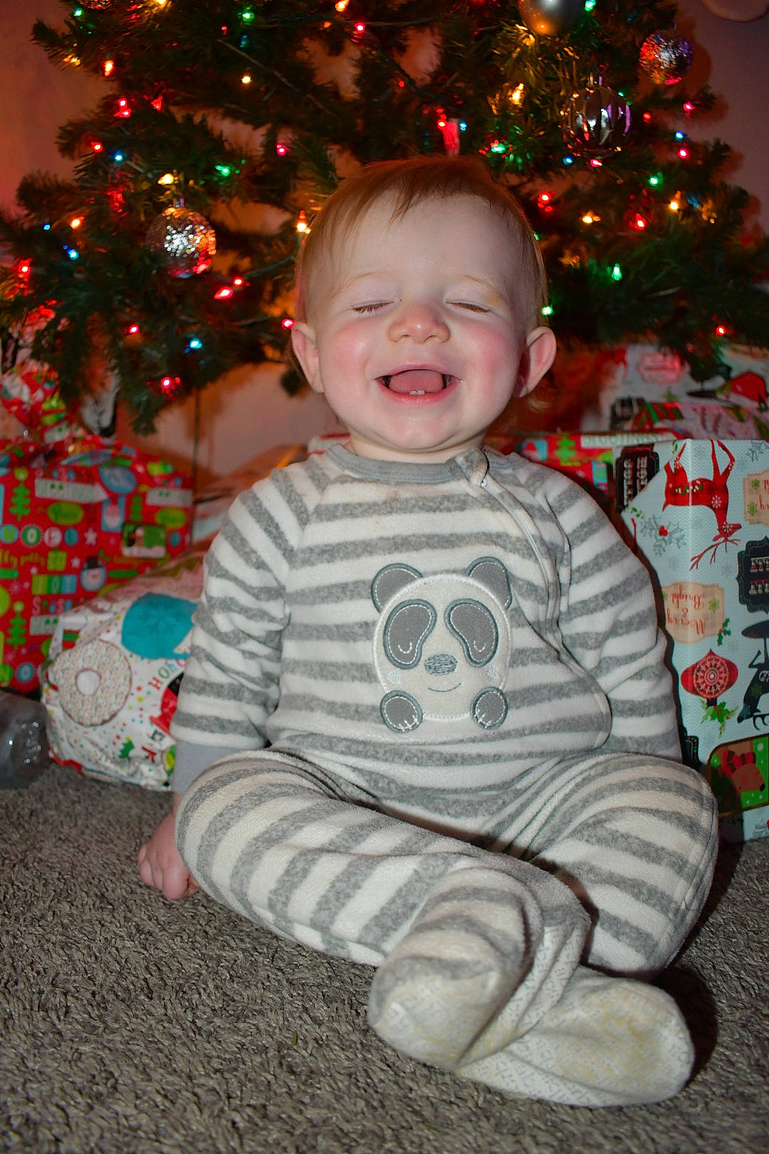 Jaxxon is registered to the contest to win money with this photo: baby, baby_toddler_clothing, cheek, christmas_decoration, christmas_ornament, christmas_tree, eye, face, facial_expression, fun, happy, head, holiday_ornament, joy, leaf, organ, people, person, sleeve, smile