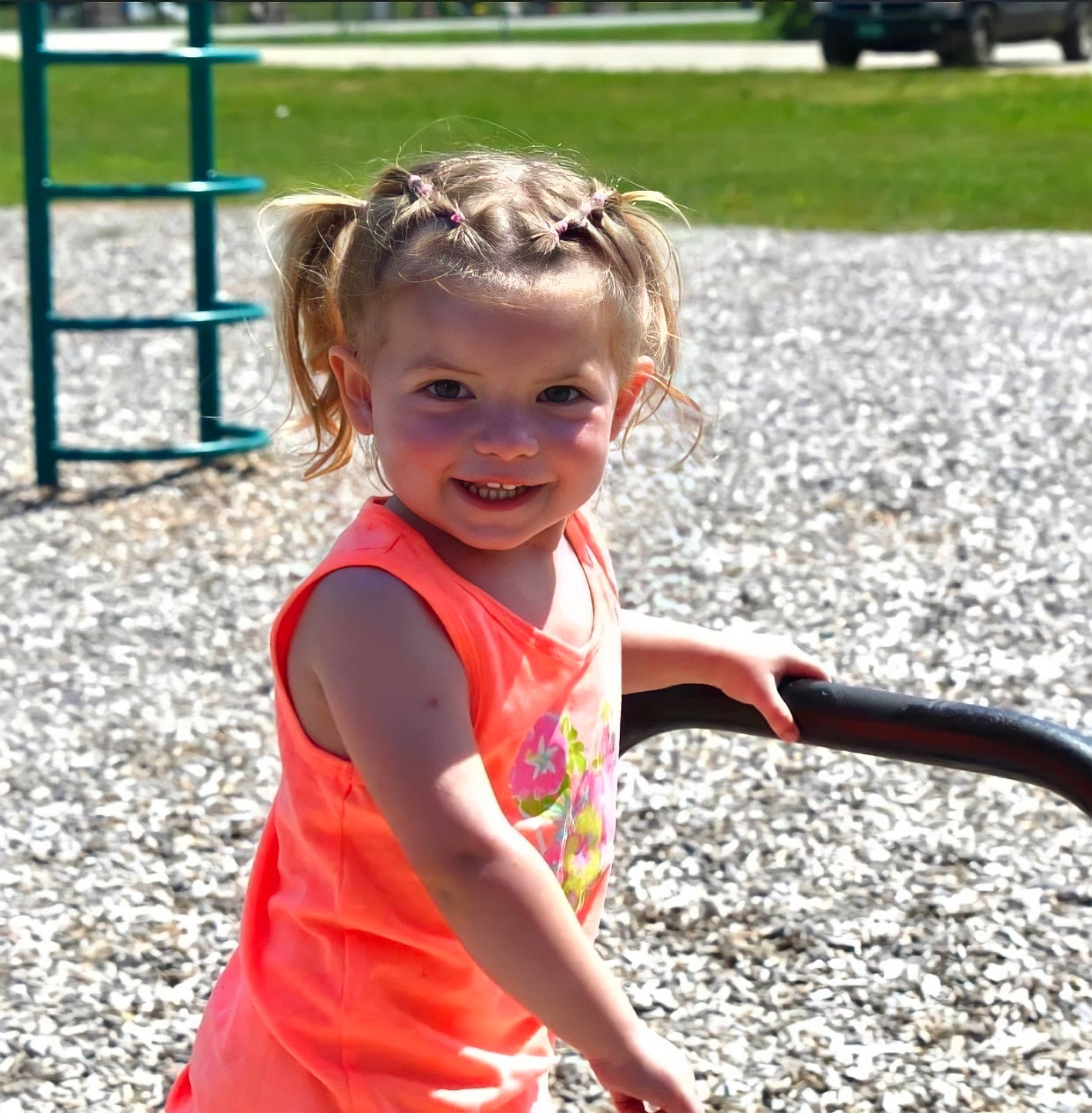 Averie joined the competition — help win amazing prizes! asphalt, blond, child, eyewear, fun, grass, happy, head, joy, leisure, people_in_nature, person, plant, recreation, smile, spring, summer, t_shirt, toddler, toy