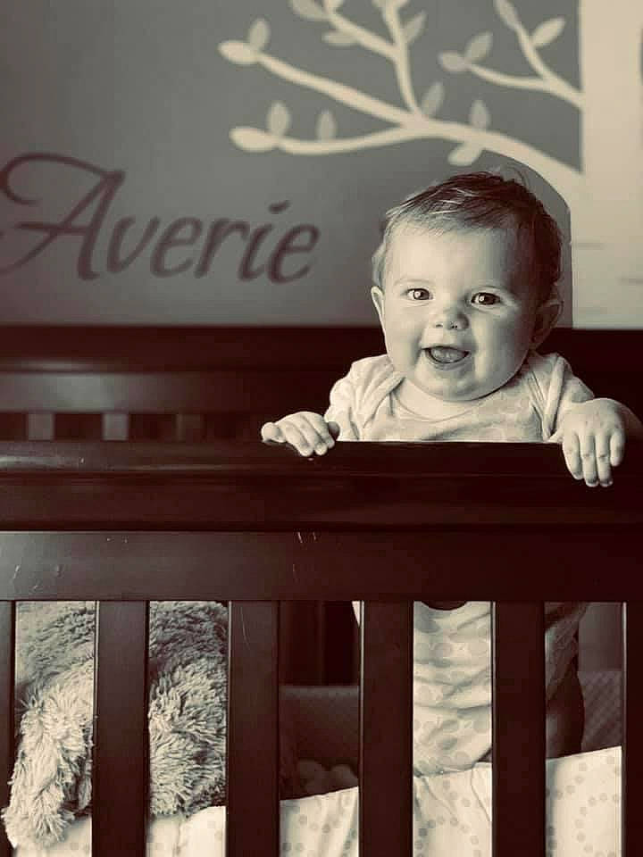 Averie joined the competition — help win amazing prizes! baby, baby_toddler_clothing, child, chin, fence, flash_photography, happy, monochrome, person, product, rectangle, room, sitting, sleeve, smile, standing, t_shirt, toddler, vintage_clothing, white