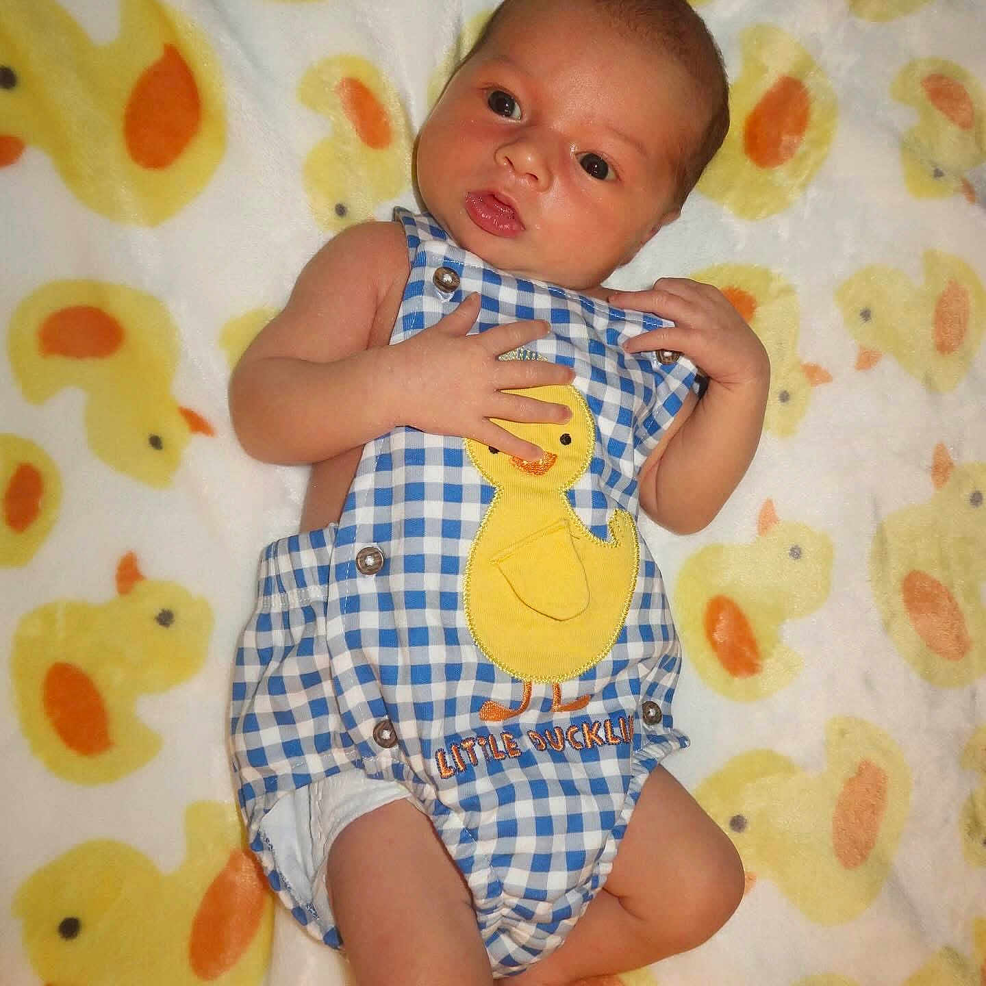 Jimmy Isaiah joined the competition — help win amazing prizes! adorable, baby, blanket, blue_checkered_clothing, child, childwear, comfort, curious_expression, cute, duck_pattern, fabric, indoors, infant, lying_down, newborn, playful, portrait, small_hands, soft_texture, yellow_duck