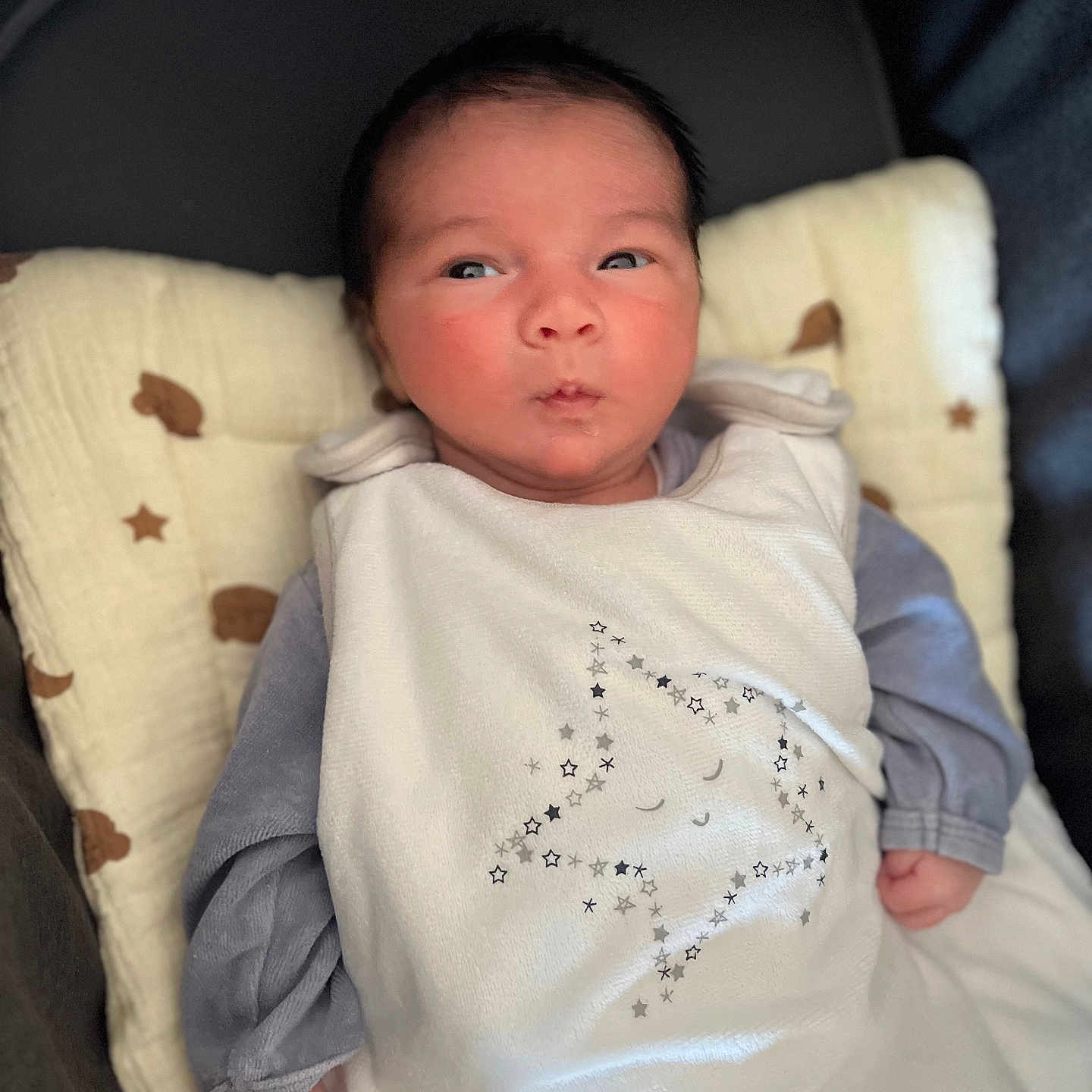 Emiliann participe au concours pour gagner de l'argent avec cette photo : baby, blanket, clothing, cozy, cushion, cute, dark_hair, expression, face, hand, indoors, infant, newborn, pale_skin, portrait, resting, sleeping_bag, soft_texture, star_pattern, young_child