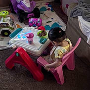 Katalayiah joined the competition — help win amazing prizes! toddler, child, indoor, plastic_chair, toy, playroom, carpet, sippy_cup, bowl, table, ride_on_toy, living_room, blanket, sofa, hair_tie, yellow_clothing, pink_chair, carpeted_floor, plastic_table, quiet_moment