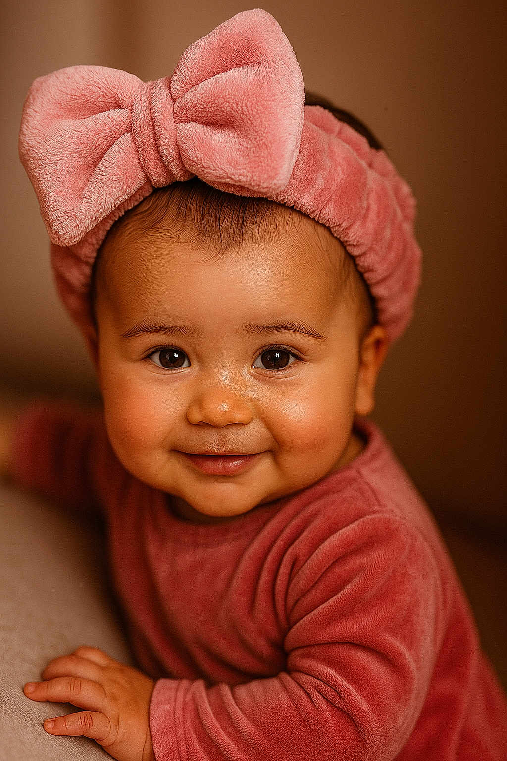 Asel participe au concours pour gagner de l'argent avec cette photo : baby, child, smiling, headband, pink, bow, face, portrait, cute, infant, cozy, soft_texture, clothing, warm_lighting, close_up, happy, hand, indoors, skin, young