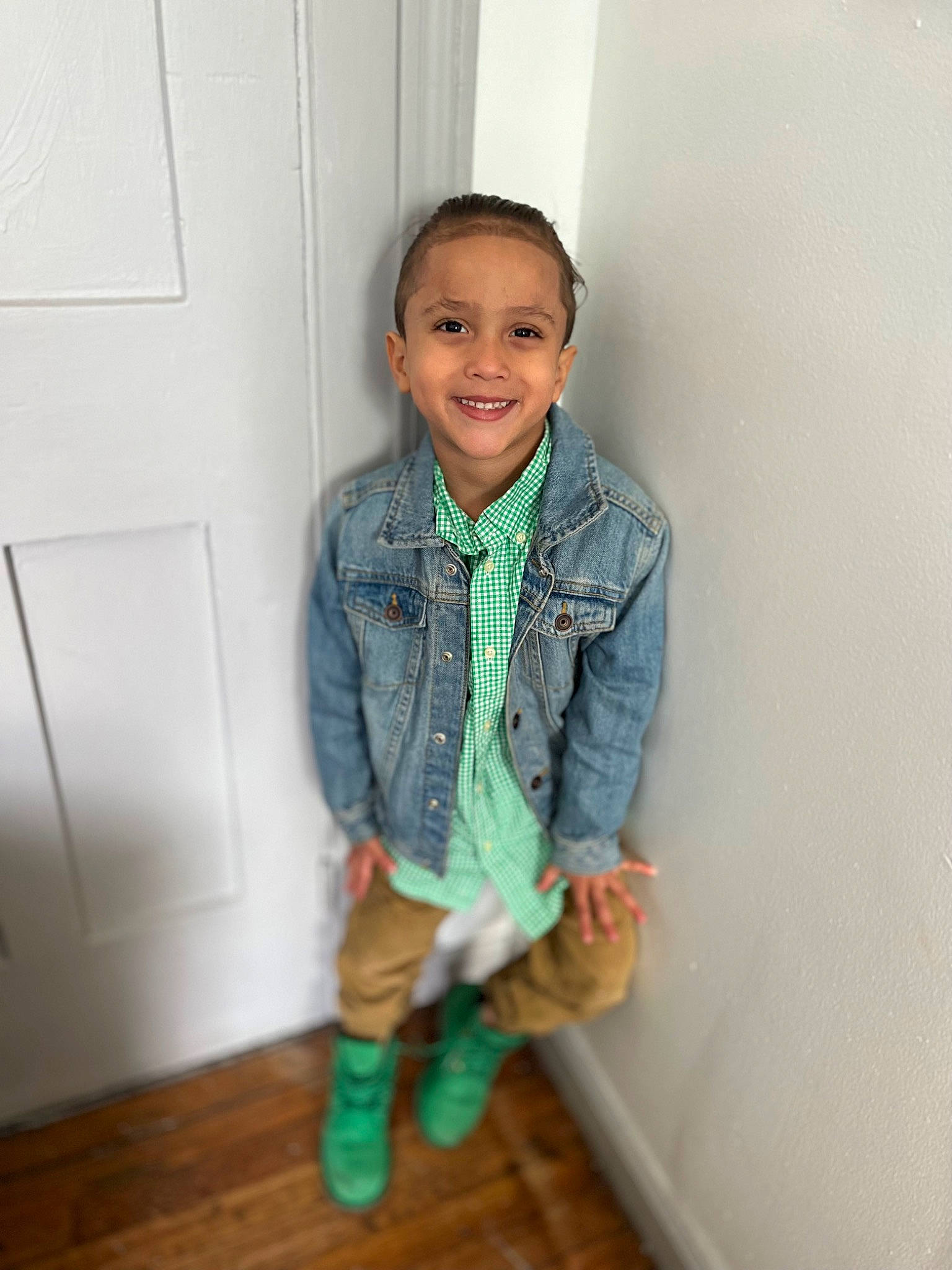 David joined the competition — help win amazing prizes! baby_toddler_clothing, child, collar, denim, dress_shirt, fashion_accessory, fashion_design, flooring, happy, hardwood, joy, leg, pattern, person, sleeve, smile, sock, tie, toddler, waist
