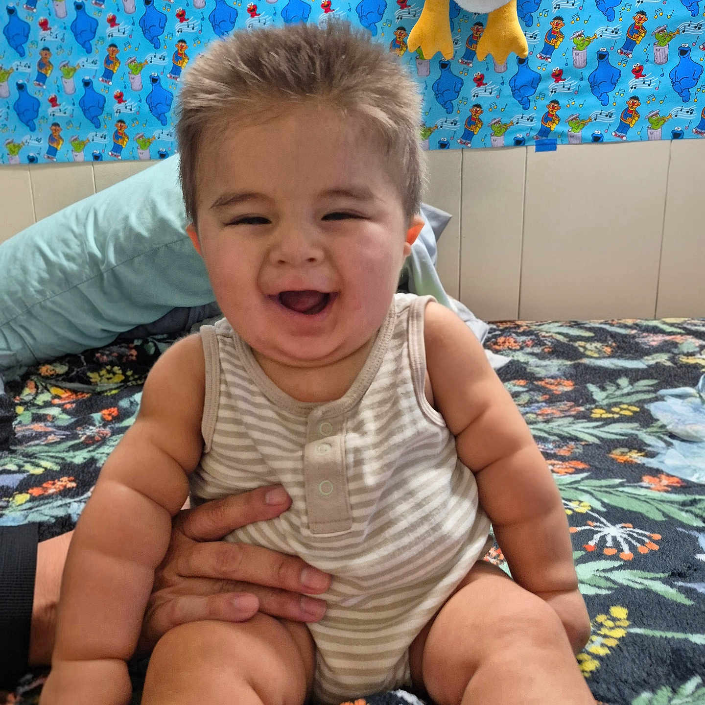 Esteban Muñoz joined the competition — help win amazing prizes! baby, bedspread, child, colorful, cookie_monster, cute, elmo, fun, hand, happy, indoor, infant, oscar_the_grouch, pillow, plush_toy, portrait, sesame_street, sitting, smiling, striped_onesie