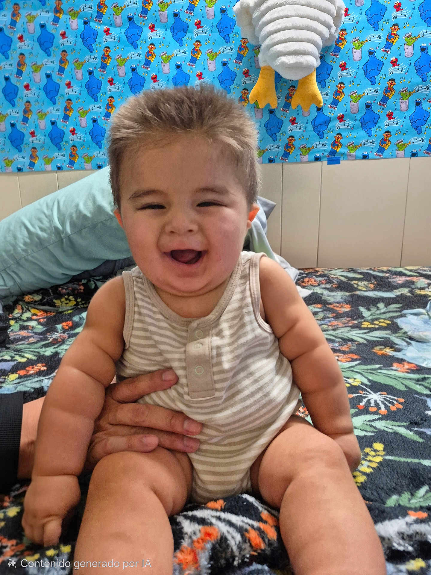 Esteban Muñoz joined the competition — help win amazing prizes! baby, child, smiling, sitting, striped_onesie, hand, bedspread, pillow, plush_toy, sesame_street, cookie_monster, elmo, oscar_the_grouch, colorful, indoor, portrait, happy, cute, infant, fun