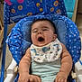 Esteban Muñoz is registered to the contest to win money with this photo: baby, yawning, bib, dinosaur_print, blue, polka_dot, baby_seat, toy, indoor, chubby, infant, cute, sleepy, child, person, seat, arm, leg, foot, smile