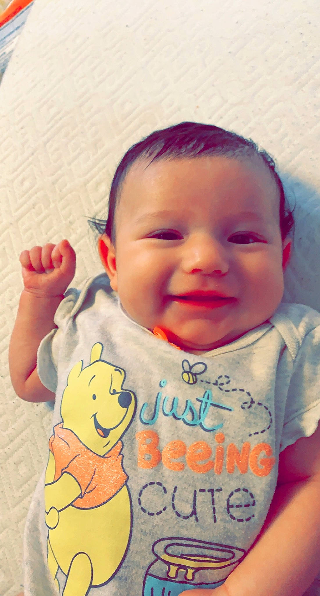 Bryleigh is registered to the contest to win money with this photo: baby, baby_toddler_clothing, cheek, child, face, facial_expression, finger, forehead, gesture, hand, happy, head, joy, lip, mouth, nose, person, product, skin, smile