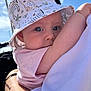Imogen joined the competition — help win amazing prizes! baby, child, hat, sun_hat, animal_pattern, pink_shirt, arm, shoulder, outdoor, daylight, sky, blue_sky, person, close_up, face, cute, snuggle, baby_skin, curious_eyes, soft_light