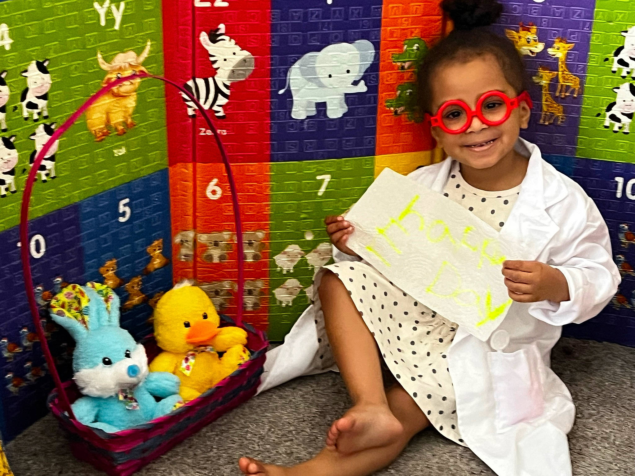 Ahlani joined the competition — help win amazing prizes! art, artist, child, doll, eyewear, fun, goggles, grass, green, happy, joy, leisure, linens, pattern, person, play, smile, stuffed_toy, sunglasses, textile