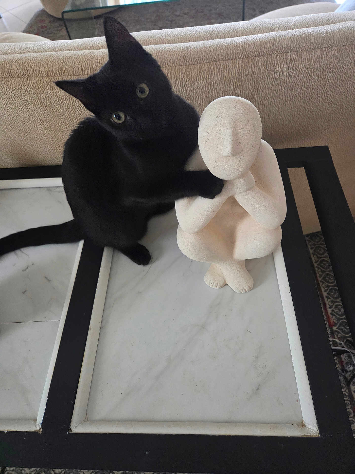Niki joined the competition — help win amazing prizes! black_cat, cat, sculpture, modern_art, abstract, marble_table, indoor, furniture, beige_couch, curious_cat, pet, animal, tabletop, decor, home_interior, domestic_cat, sitting, looking, black_fur, statue