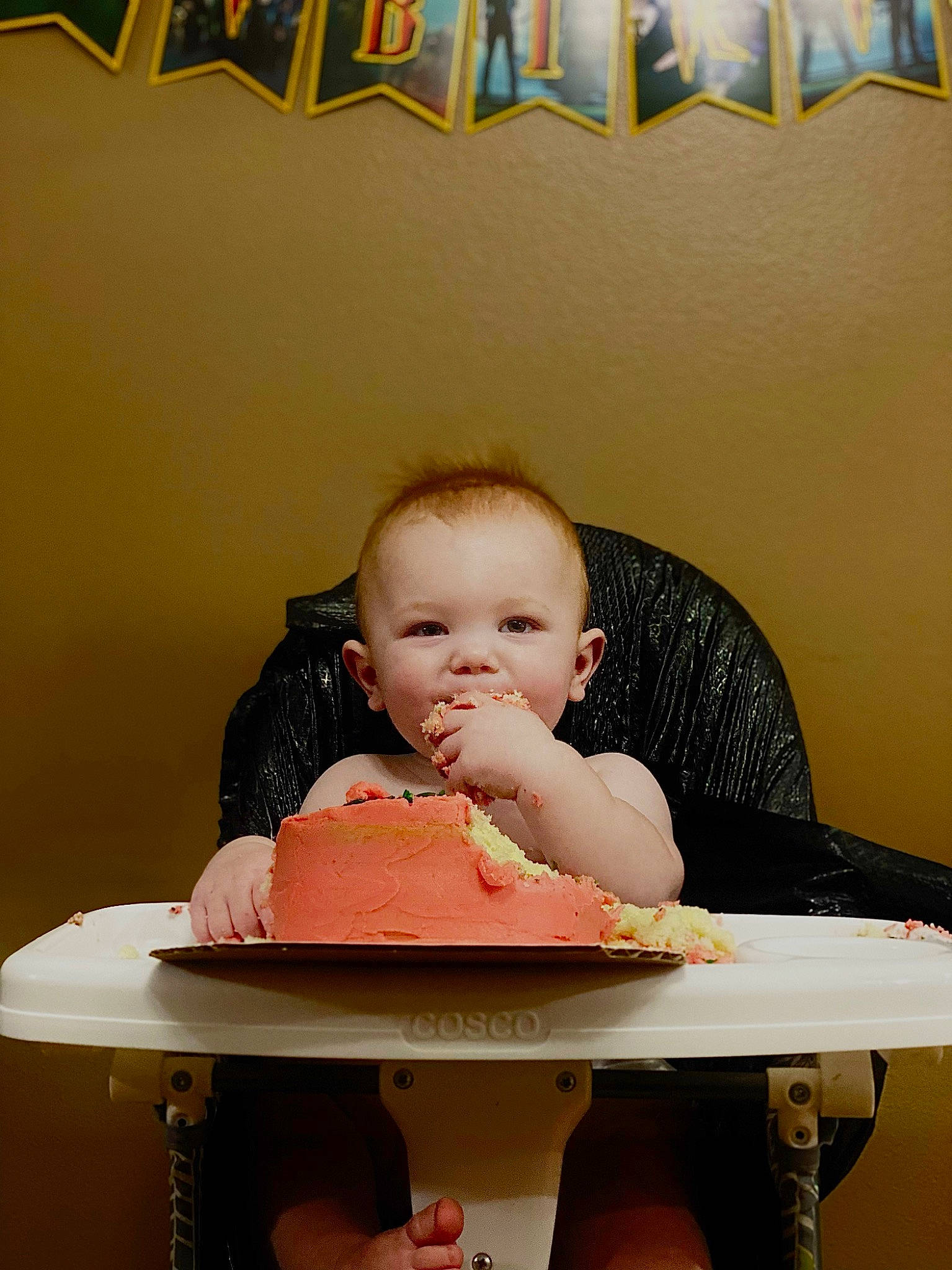 Jameson joined the competition — help win amazing prizes! baby, baby_toddler_clothing, chair, cheek, child, comfort, dessert, dishware, food, food_craving, happy, hat, leisure, person, plate, room, sitting, skin, table, tableware