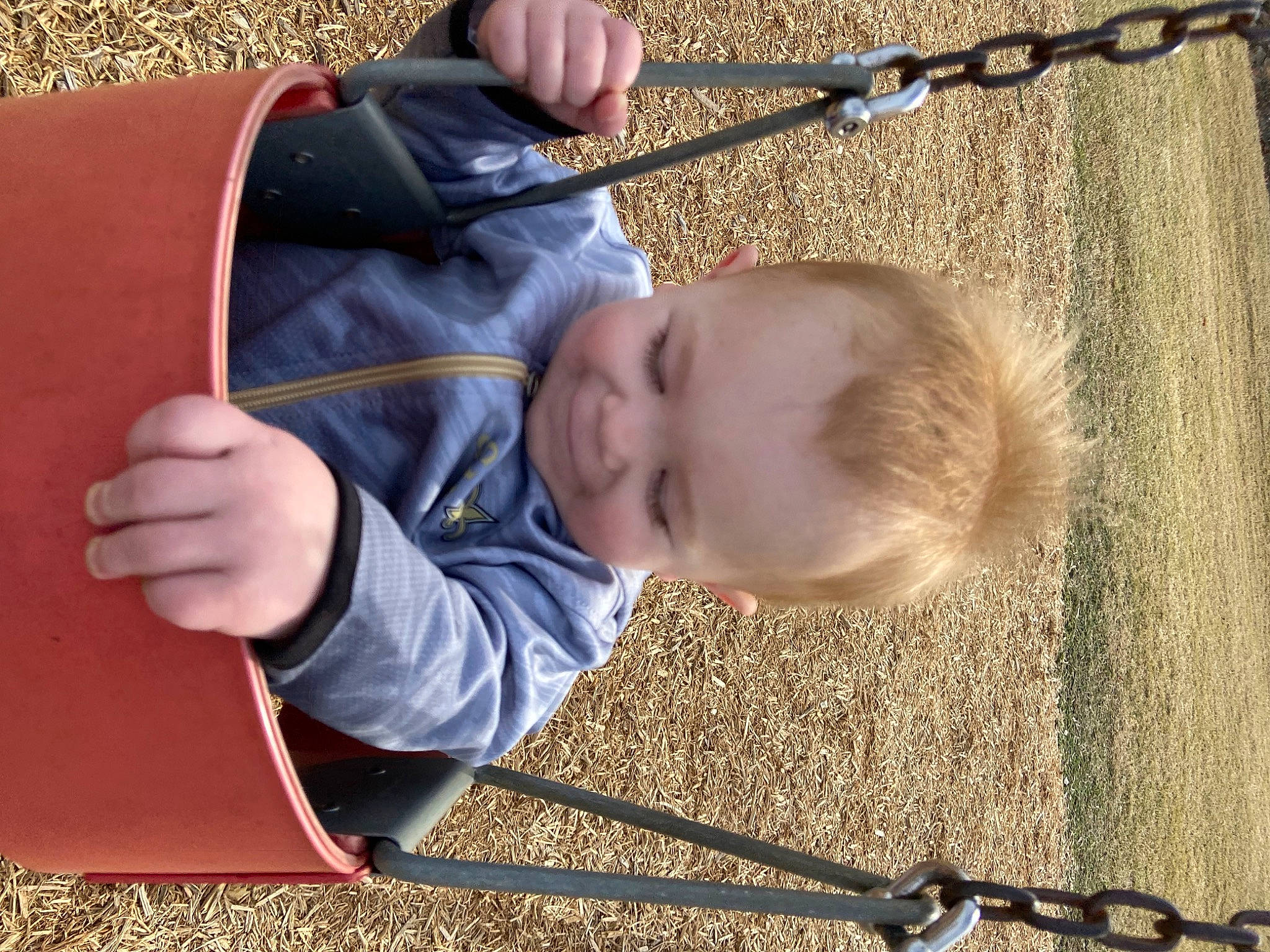 Jameson is registered to the contest to win money with this photo: baby, baby_products, baby_toddler_clothing, child, city, comfort, fun, grass, leaf, leisure, outdoor_play_equipment, person, play, playground, recreation, sitting, smile, swing, toddler, tree