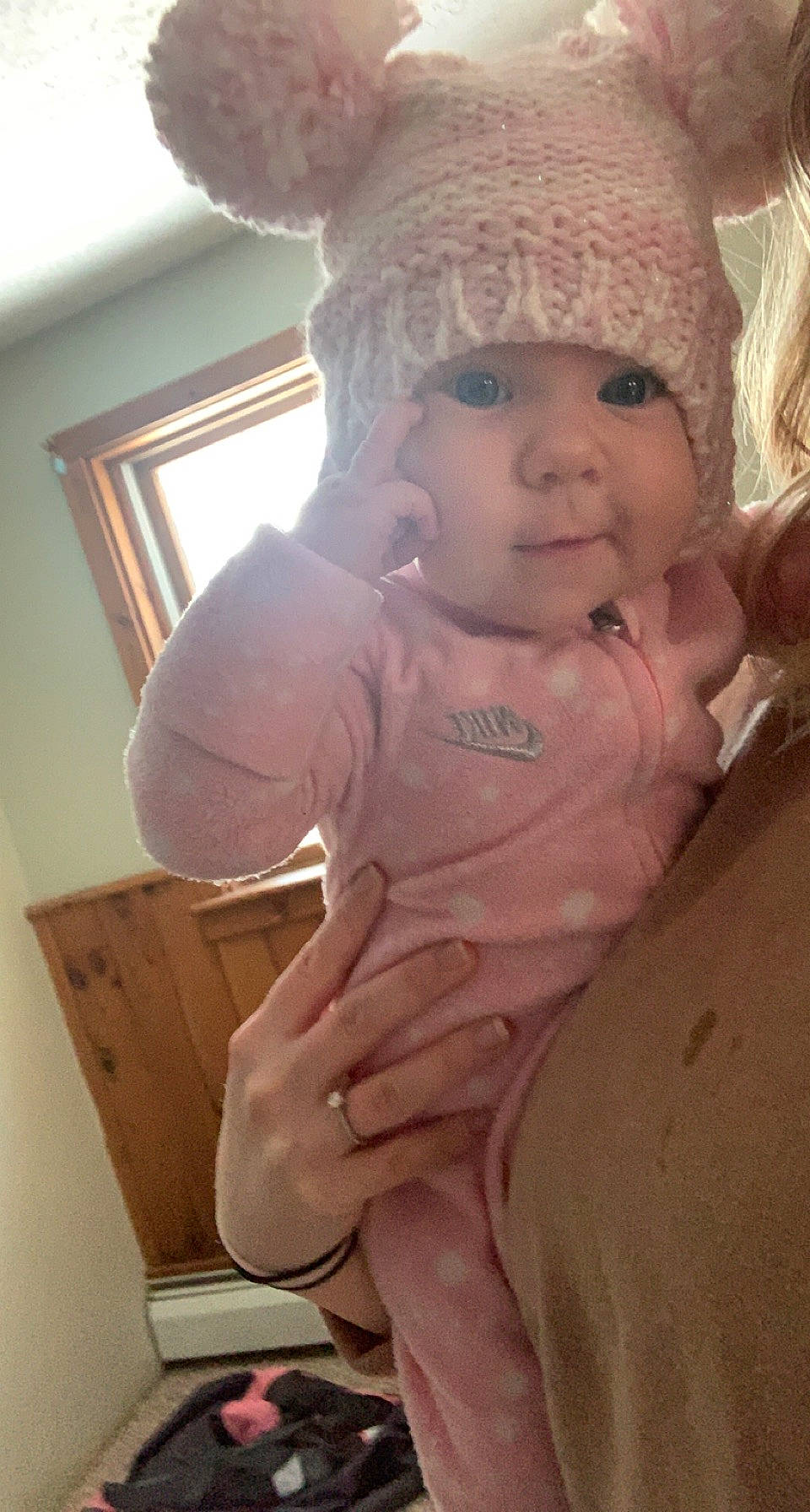 Adyson is registered to the contest to win money with this photo: baby, baby_toddler_clothing, cap, cheek, child, chin, eye, eyebrow, hand, head, headgear, headwear, human_body, iris, lip, nose, person, pink, skin, sleeve
