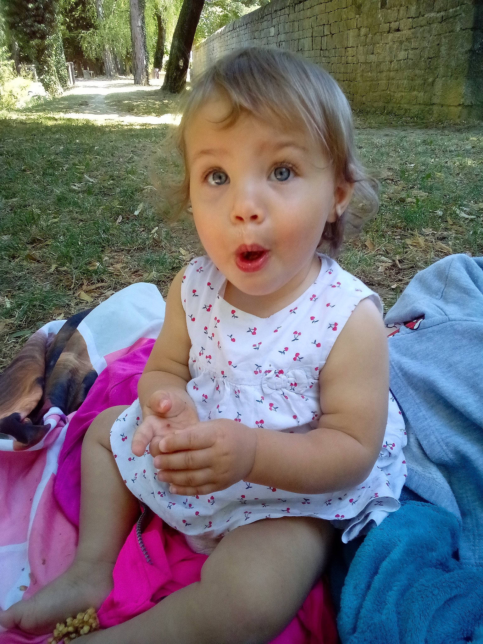 Tressia participe au concours pour gagner de l'argent avec cette photo : baby, cheek, child, eye, face, grass, happy, leisure, people, person, pink, recreation, sitting, skin, smile, summer, surprise, toddler, vacation