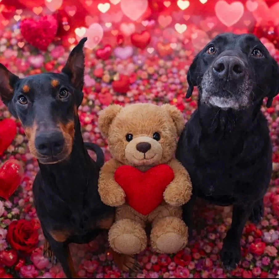 Bruno And Athena joined the competition — help win amazing prizes! adorable, animal, background, black_dog, cute, decorations, doberman, dog, flowers, fluffy, heart, love, pets, pink, portrait, red, roses, stuffed_animal, teddy_bear, valentine