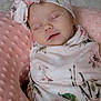 Lakelyn joined the competition — help win amazing prizes! baby, sleeping, swaddle, headband, floral_pattern, pink, cushion, soft_texture, infant, peaceful, closeup, portrait, cute, resting, child, indoors, comfort, newborn, adorable, cozy