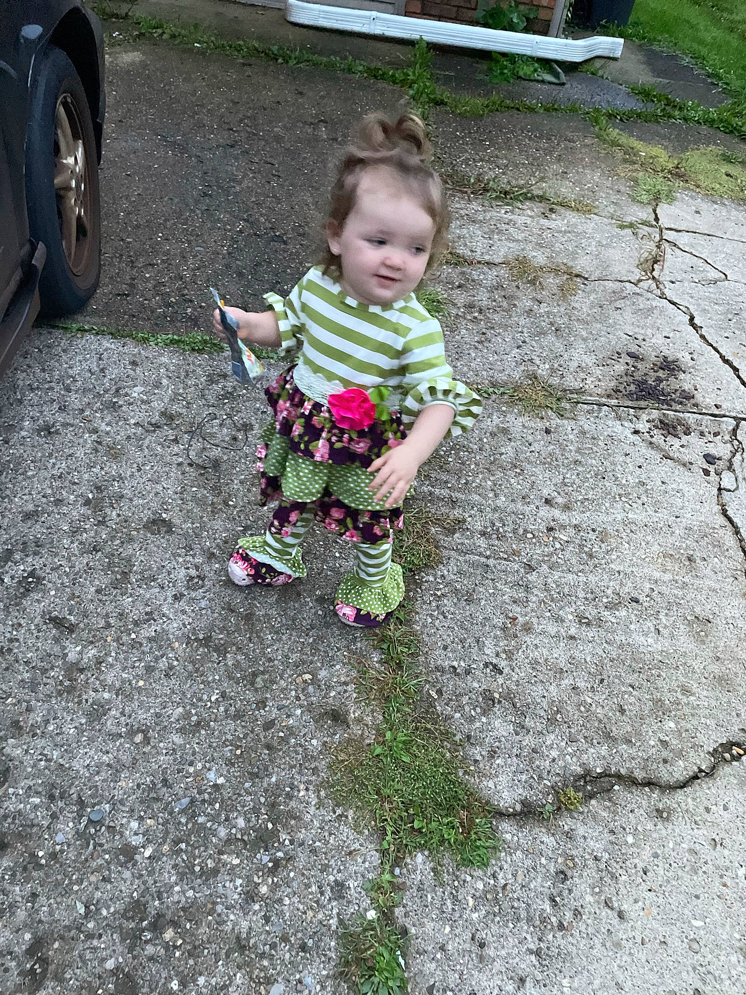 Lillian joined the competition — help win amazing prizes! asphalt, baby, baby_toddler_clothing, car, child, dress, face, grass, groundcover, head, people_in_nature, person, plant, road, road_surface, sidewalk, sneakers, tire, toddler, tree
