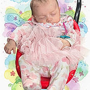 Ember joined the competition — help win amazing prizes! adorable, artistic, baby, child, clouds, cute, floral_pajamas, flowers, infant, mixed_media, pacifier, peaceful, pink_tutu, portrait, red_seat, resting, sleeping, soft_colors, watercolor_background, young_child