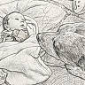 Callie joined the competition — help win amazing prizes! baby, infant, child, sleeping, face, portrait, dog, pet, blanket, bed, pillow, cozy, indoors, nursery, pencil_sketch, monochrome, illustration, fluffy, resting, heart_pattern